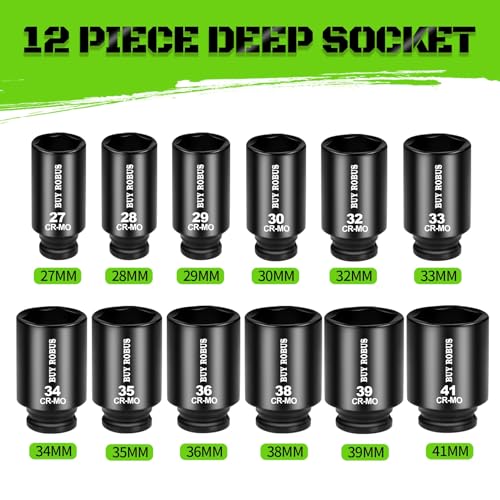 1/2 Inch Drive Deep Impact Socket Set,12 PCS Extended Socket Set, 6-Point Metric, Cr-Mo Steel - color: 12pcs 1/2" Metric