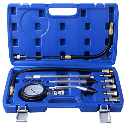 DAYUAN Professional Petrol Engine Compression Tester Kit (Dark Blue- 11Pcs) | Dual Scale Gauge, 0-300 PSI/0-20 Bar, Reinforced Rubber Hose - color: Dark blue- 11Pcs