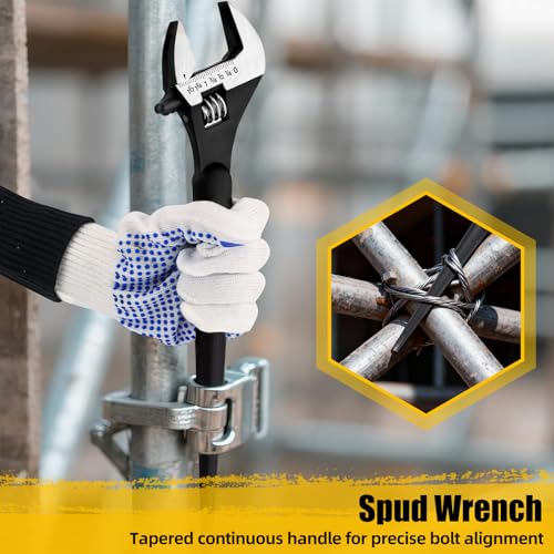 GRENPRO 4-Piece Adjustable Spud Wrench Set with Gloves, 10" 12" 16" Large Crescent Plumbers Wrenches sets for Crowbar Pipe Fitting Pipefitter Construction Tools, SAE/Metric Scales, CR-V, Black Oxide