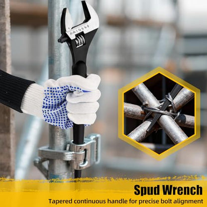 GRENPRO 4-Piece Adjustable Spud Wrench Set with Gloves, 10" 12" 16" Large Crescent Plumbers Wrenches sets for Crowbar Pipe Fitting Pipefitter Construction Tools, SAE/Metric Scales, CR-V, Black Oxide