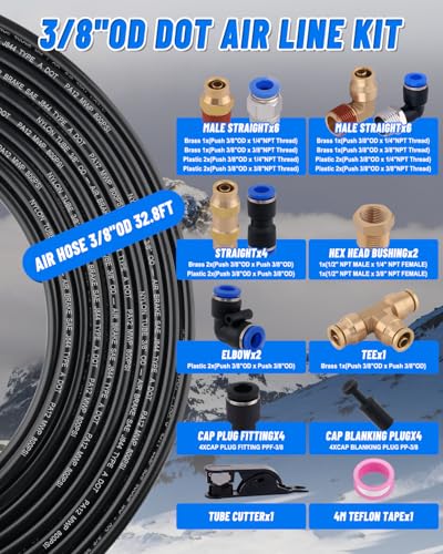 3/8" DOT Air Line Kit, 32.8FT(10M) SAE J844 PA Nylon Air Hose Tubing with Cutter and Teflon Tape, 3/8 Air Hose with Push to Connect Fittings for Air Bags Suspension or Air Brake System(32PCS) - size: 32 PCS