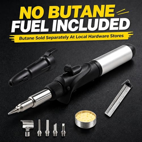 Butane Soldering Iron Kit Self-Ignite Adjustable Flame Temperature Max 2372℉,Cordless Soldering Heat Gun with 6 Tip,Butane Torch Portable Gas Soldering Iron,for Electrical Maintenance and DIY