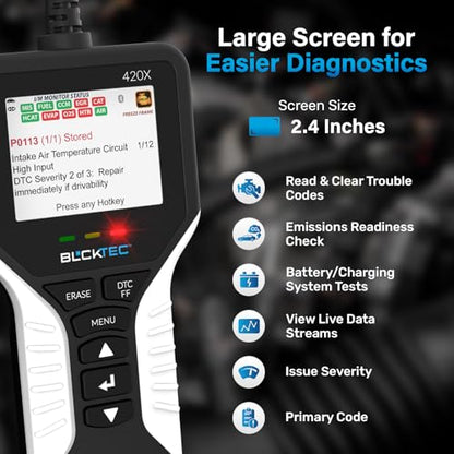 BLCKTEC 420X OBD2 Scanner Diagnostic Tool, Read and Clear Check Engine Light, Car Code Reader for All OBDII Cars 1996 and Newer, Comes with Bluetooth Topnotch App On iOS & Android - size: Screen Size 2.4"