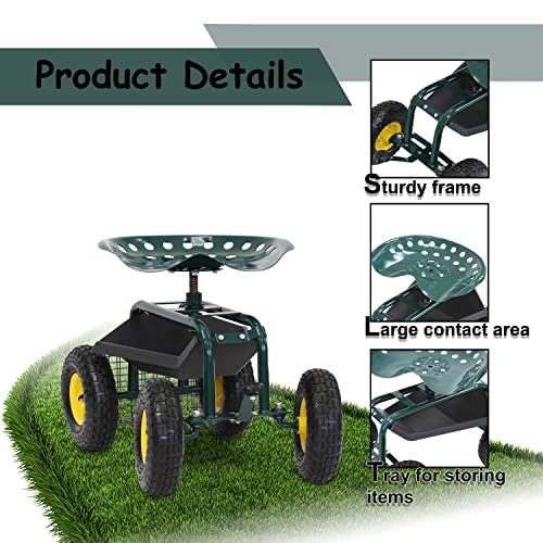 Kinfant Rolling Garden Cart with Seat - Garden Scooter Rolling Stool Gardening Cart with Tool Storage Basket & Swivel Seat - color: Green&yellow