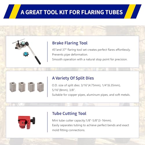 Wostore 45°&37° Brake Line Flaring Tool Kit, Single/Double/Bubble, 5 Dies | 45° & 37° single, bubble & double flare. 5 dies: 3/16-3/8 & 4.75mm. Works on copper, stainless steel & soft metal lines.