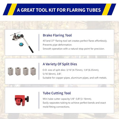 Wostore 45°&37° Brake Line Flaring Tool Kit, Single/Double/Bubble, 5 Dies | 45° & 37° single, bubble & double flare. 5 dies: 3/16-3/8 & 4.75mm. Works on copper, stainless steel & soft metal lines.