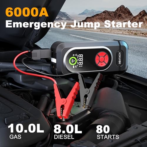 6000A Jump Starter with Air Compressor, Car Battery Jump Starter Portable (10.0 Gas/10.0L Diesel), 150 PSI 12V Car Battery Jump Box with Tire Inflator, Jumper Cables, LED Light, LED Display - color: black