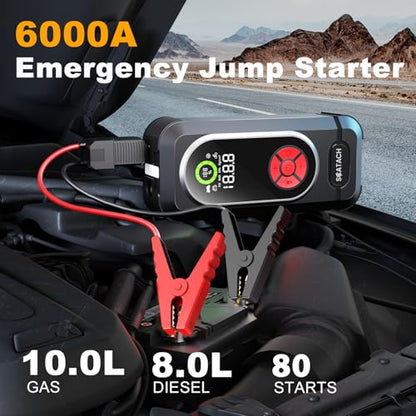 6000A Jump Starter with Air Compressor, Car Battery Jump Starter Portable (10.0 Gas/10.0L Diesel), 150 PSI 12V Car Battery Jump Box with Tire Inflator, Jumper Cables, LED Light, LED Display - color: black