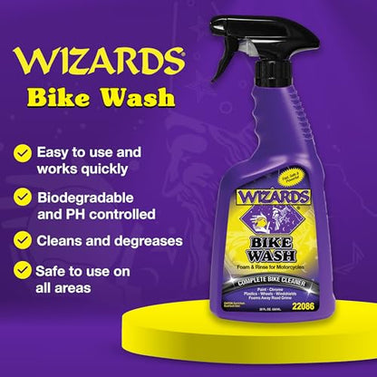 Wizards Motorcycle Bike Wash - Engines, Paint, Chrome & Plastics - 22 oz | pH-Controlled, No Caustic Soda, Acids, or Bleach, Rinses Spot-Free on Rubber and Windshield, for Dirtbike and Street Riders - size: 22 Fl Oz (Pack of 1)