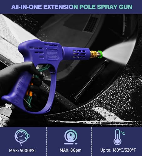 YeewayVeh High Pressure Washer Gun, 3/8" Quick Connect, Indigo | 5 Nozzles, M22 14mm/15mm Fitting, 5000PSI 8GPM Power Washer Wand for Car Wash