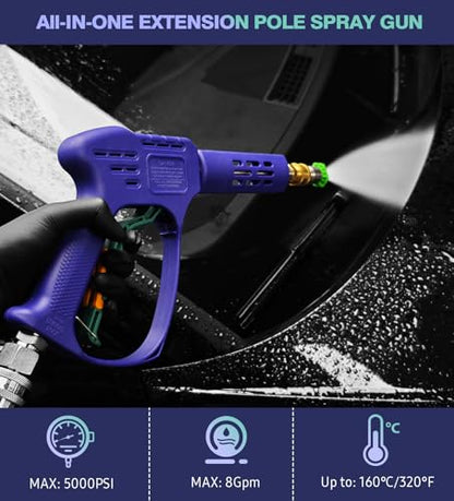YeewayVeh High Pressure Washer Gun, 3/8" Quick Connect, Indigo | 5 Nozzles, M22 14mm/15mm Fitting, 5000PSI 8GPM Power Washer Wand for Car Wash