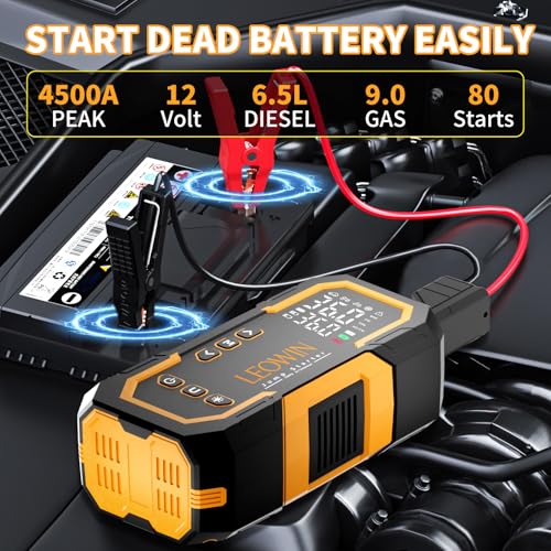 LEOWIN Jump Starter with Air Compressor Portable, Yellow | 4500A 12V Car Battery Jumper Starter (9.0 Gas/6.5L Diesel) with 150PSI Tire Inflator, with Smart Jumper Cables, LED Light - color: Yellow