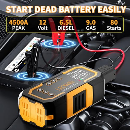 LEOWIN Jump Starter with Air Compressor Portable, Yellow | 4500A 12V Car Battery Jumper Starter (9.0 Gas/6.5L Diesel) with 150PSI Tire Inflator, with Smart Jumper Cables, LED Light - color: Yellow