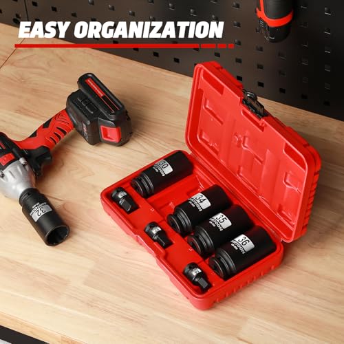 1/2" Drive 12-Point Axle Nut Spindle Impact Socket Set, 8-Piece Deep Impact Socket Set, Cr-Mo, 14mm 17mm 19mm, 30mm 32mm 34mm 35mm 36mm Metric Socket, With Storage Case - size: 30MM-36MM