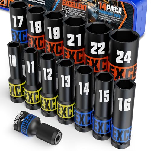 14 Piece 1/2-Inch Drive Impact Socket Set, 10-24mm Deep Sockets, 6 Point Metric Sockets for Automotive Repair, Equipment Maintenance - size: 1/2 Inch Metric Deep