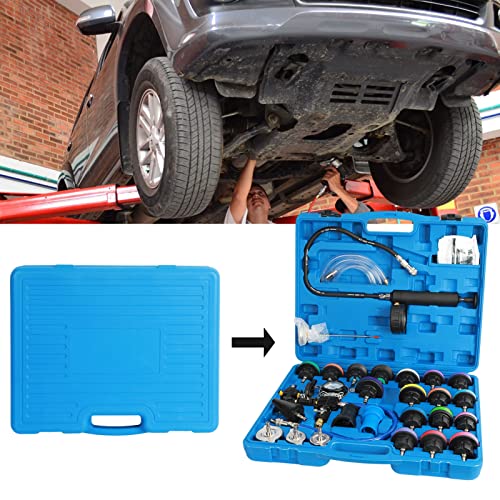 28 Pcs Universal Radiator Pressure Tester, Vacuum Type Cooling System Tool Kit w/Carrying Case, Coolant Pressure Tester Kit, Coolant Vacuum Refill Kit for Cooling System Blue