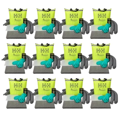AABACO Universal Spill Kit, 5 Gallon, Spill Kits for Trucks, 12 Pack | 12-kit case; each absorbs 5 gallons; yellow duffel bags; socks, pads, powder & gloves; bulk supply - size: 12 Kits