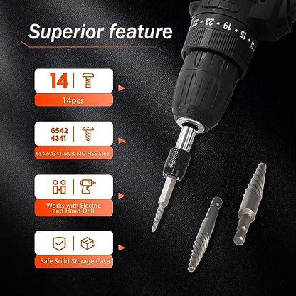 14PCS Spiral Screw Extractor Set with Tungsten Carbide Tip Scriber Pen - 6542/4341 HSS Steel Cobalt Left Hand Drill Bits Set - 1/4'' Adapter - Removing Stripped Screws Bolts - size: 14Pcs