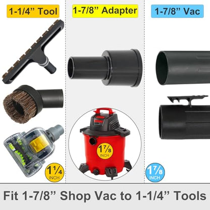 1-7/8" Wet Dry Vacuum Attachment Kit for Shop Vac, Dusting Brush Extension Hose Crevice Tool and Adapters, Compatible with Shop Vac Rigid Craftsman Vacmaster More 1 7/8" 1-3/8" 1-1/4" Vac Hoses