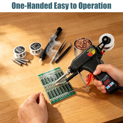 Soldering Gun Kit, 80W Adjustable Temperature Soldering Iron with LED Display, 3 Tips, 3 Solder Wire Rolls, Desoldering Pump, Tweezers & Brass Wire Cleaner for Electronics Repair and DIY Welding