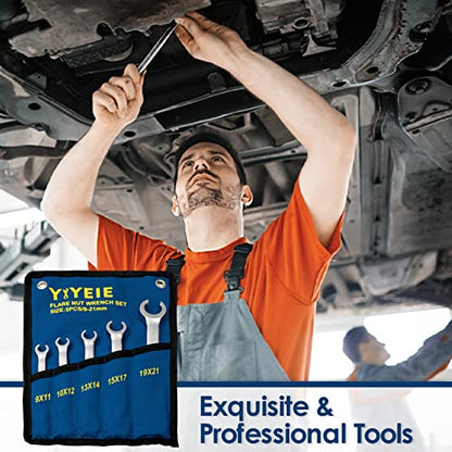 YIYEIE 11-Piece Flare Nut Wrench Set Bunlde, Metric & SAE, 9-21mm & 1/4" to 15/16'', 6 Point Open End, 15° Offset, CR-V Steel, Line Wrenches with Carrying Pouch