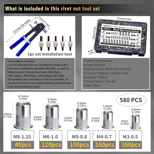ASKWAY Metric Rivet Nut Tool Set 580pcs Threaded Rivet Nut Tool Kit | Carbon steel rivet nuts (M8, M6, M5, M4, M3), including rivet nut installation tools for easy and quick installation