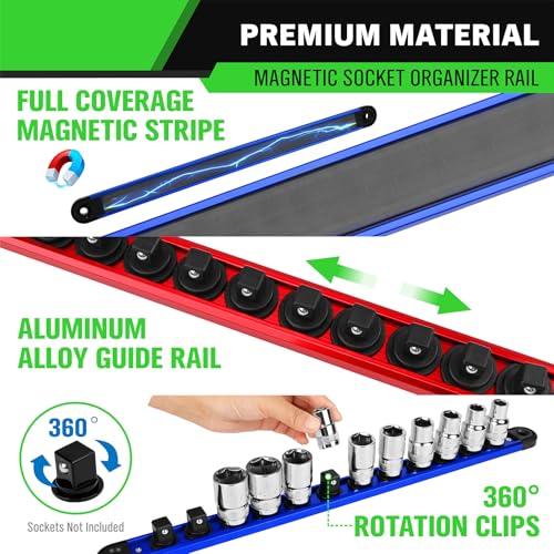 8-Piece Magnetic Socket & Bit Organizer Kit, 1/4'' 3/8'' 1/2'' Heavy Duty Socket Holder Holds 80 Clips, Aluminum Sockets Rail for Tool Box Drawer, 1/4'' Slidable Drill Bit Organizer Holds 80 Bits - style: Multi-Color 8-Piece