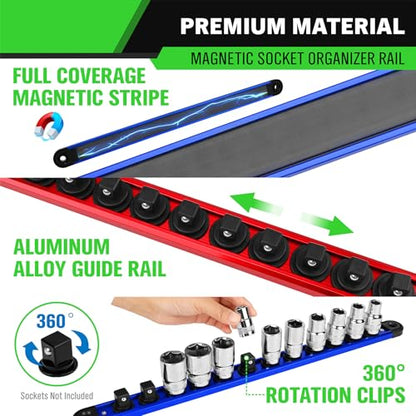 8-Piece Magnetic Socket & Bit Organizer Kit, 1/4'' 3/8'' 1/2'' Heavy Duty Socket Holder Holds 80 Clips, Aluminum Sockets Rail for Tool Box Drawer, 1/4'' Slidable Drill Bit Organizer Holds 80 Bits - style: Multi-Color 8-Piece