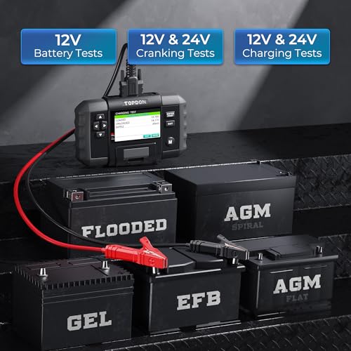 Car Battery Tester, TOPDON BT600 12V, 12V/24V Cranking Tests and Charging Alternator Load 100-2000CCA Digital Battery Voltage Tester, 3.5" Screen with Built-in Printer