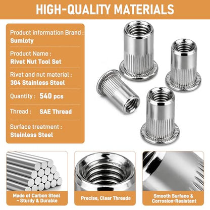 Rivet Nut Tool Kit,540PCS SAE Stainless Steel Nutsert Assortment with Hand Rivet Nut Setter,#6-32, #8-32, #10-24, 1/4-20 Threaded Inserts, Portable Case for Automotive, Furniture & DIY Repairs - size: SAE 540PCS Stainless Steel Rivet Nut Tool Kit