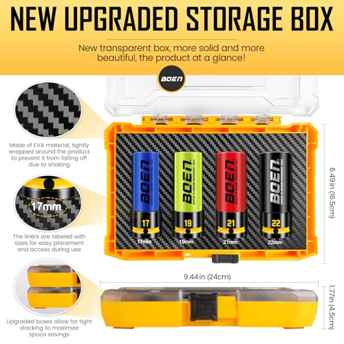 BOEN 1/2" Drive Impact Lug Nut Socket Set, 4 Pieces Non-Marring Thin Wall Wheel Protector Nut Socket, Metric (17, 19, 21, 22) mm, Color-Coded and Embossed and Painted Marking, CR-MO Steel