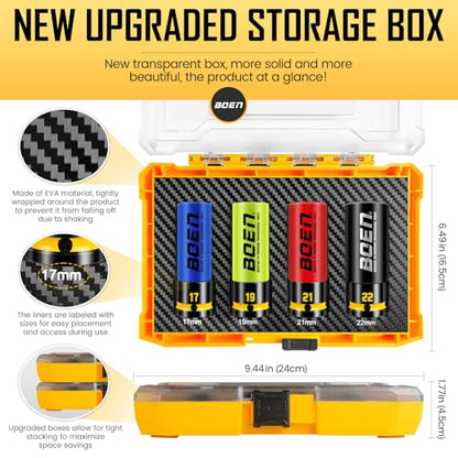 BOEN 1/2" Drive Impact Lug Nut Socket Set, 4 Pieces Non-Marring Thin Wall Wheel Protector Nut Socket, Metric (17, 19, 21, 22) mm, Color-Coded and Embossed and Painted Marking, CR-MO Steel