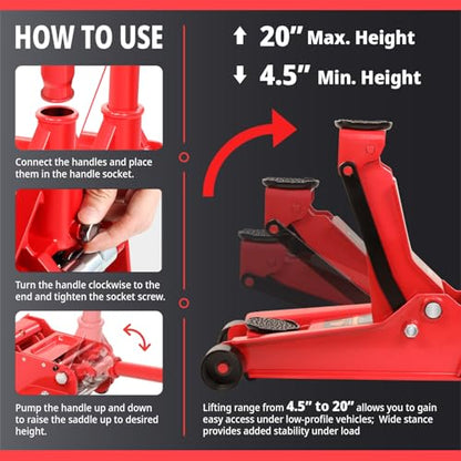 PM PERFORMOTOR Low Profile Hydraulic Trolley Service/Floor Jack, 4 Ton (8000 lbs) Capacity, Lifting Range 4.5"-20", Red, PM-TOL-FJ40-RD - color: Red