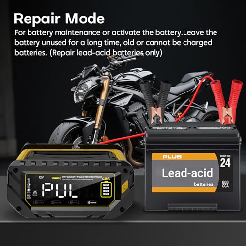 Car Battery Charger Auto-Stop 6V/12V/24V Trickle Charger | Max 26 Amp, Lithium LiFePO4 & Lead-Acid(All Car Battery) Battery Maintainer, Overcharge Protection, Temperature Compensation