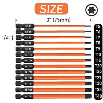 13pcs Torx Screwdriver Bit Set (T5-T40) Magnetic S2 Steel Torx Head Drill Bit Set CNC Machined 6-Point Star Bit Set 1/4'' Hex Shank Impact Bit for Impact Driver (3 Inch/ 75mm Length) - size: 3 inch / 75mm