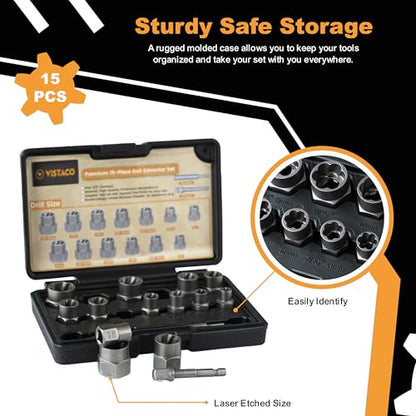 Bolt Extractor Kit, 15 Piece Easy Out Lug Nut Remover Set | Includes 3/8" Adapter • Heavy-Duty CR-MO Steel • Removes Rounded, Rusted, Frozen & Damaged Bolts, Nuts & Screws - color: 15 Pc Bolt Extractor