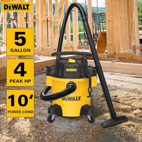 DEWALT DXV05P 5 Gallon Poly Wet/Dry Vac, 4 Peak HP Shop Vacuums with Attachments, Powerful Suction, 1-7/8" Hose, DXV05P, Yellow - size: 5 Gallon