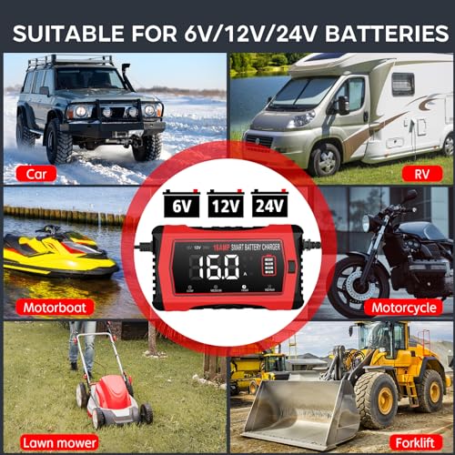 Haisito 16-Amp Smart Battery Charger (6V/12V/24V), Fully Automatic Trickle Charger Maintainer & Desulfator for Car Boat RV - Supports Lithium LiFePO4, AGM, Gel, Deep Cycle Lead-Acid Batteries - color: 16A