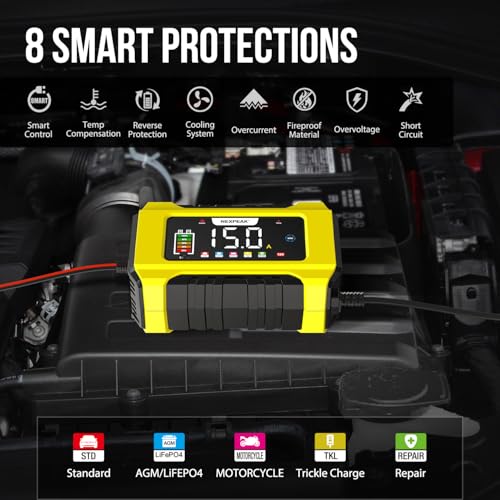 NEXPEAK NC215 15-Amp Battery Charger, Trickle Charger Car Battery Charger 12V 24V LiFePO4 Lead Acid Portable 9-Stage Smart Battery Maintainer w/Temp Compensation for Car Truck Lawn Mower Boat Marine