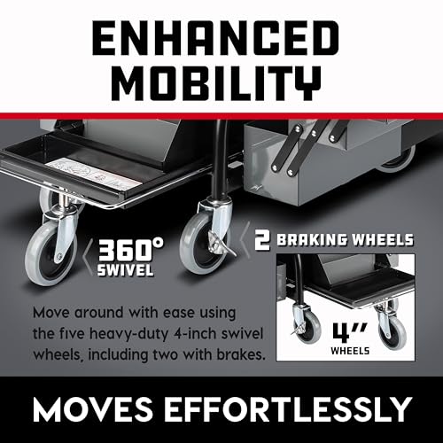 Powerbuilt Professional Mechanics Roller Seat, Heavy Duty Padded Detailer Seat and Backrest, Sliding Storage Drawers, Tool Tray, Can Holders, 4-Inch Swivel Wheels