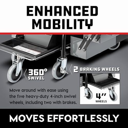 Powerbuilt Professional Mechanics Roller Seat, Heavy Duty Padded Detailer Seat and Backrest, Sliding Storage Drawers, Tool Tray, Can Holders, 4-Inch Swivel Wheels