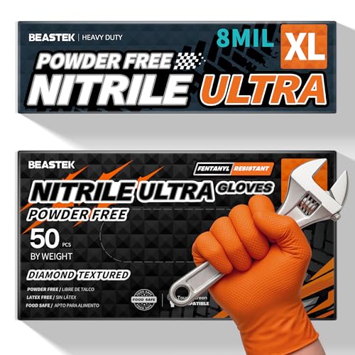 Beastek Nitrile Disposable Gloves, 8Mil Latex & Powder Free Chemical Resistant Heavy Duty Cooking Diamond Glove Orange 50 Pcs - color: X-large (Orange)