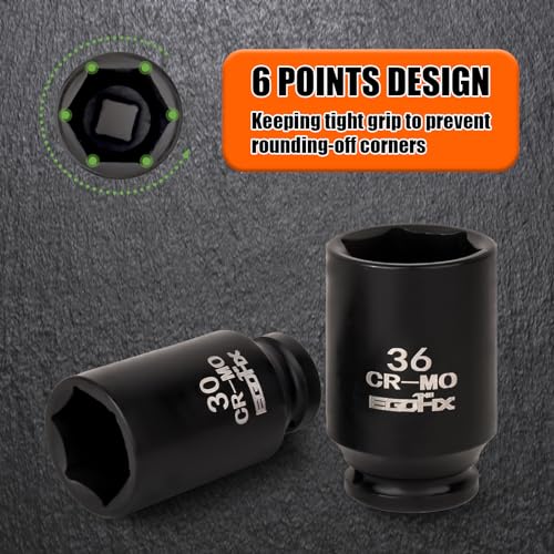 1/2" Impact Axle Nut Socket Set 10 Pieces, Drive Deep CR-MO 6 Point 30,31,32,33,34,35,36mm Metric Socket, with 3/8" - 1/2" Socket Adapter Set, Universal Joint Socket - size: 30-36mm, style: 1/2”Socket Set