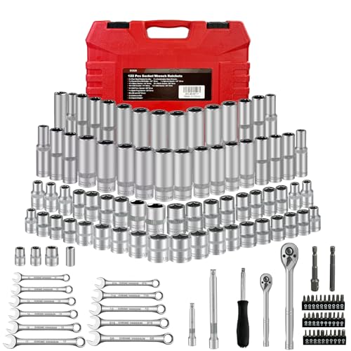 EACELIY 122Pcs 1/4" & 3/8” Drive Impact Socket Set, Ratchet Socket Wrench Set with Extention Bar, Adapter, Screw Bits,Drive Bit Holder, Spark Plug Socket,CR-V - size: 122PCS 1/4&3/8inch