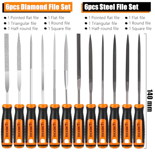 REXBETI 19Pcs Metal Needle File Set, Small Diamond Files, 12Pcs Jewlers Files and Steel Files for Precision Metal and Woodworking with 6Pcs Sandpaper, Metal Brush and Carry Case - style: 13PCS