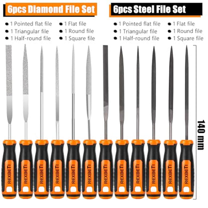 REXBETI 19Pcs Metal Needle File Set, Small Diamond Files, 12Pcs Jewlers Files and Steel Files for Precision Metal and Woodworking with 6Pcs Sandpaper, Metal Brush and Carry Case - style: 13PCS