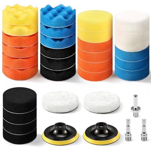 GOH DODD 33 Pieces 4 Inch Buffing Polishing Pads, Car Foam Drill Polishing Pad Kit Sponge Pads Buffer Polisher Kit Headlight Restoration Kit with Wool Pads for Car Polishing, Waxing and Cleaning - color: 33 Pieces