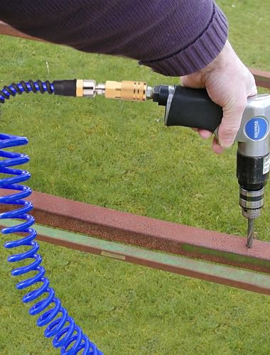 EVOULTES 1/4 In x 28 Ft Polyurethane Recoil Air Compressor Hose, Upgraded Air Hose with Repairable Bend Restrictor, Air Hose kit w/ 360° Swivel 1/4" NPT Coupler & Brass Quick Connect Air Fittings - color: Blue