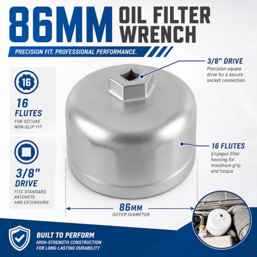 86mm 16 Flute Oil Filter Wrench for BMW Volvo, 6061 Aluminum Oil Filter Cap Removal Tool, 3/8" Drive Compatible, Fits N54 N55 N20 N63 BMW X3 X5 328i 535i Volvo XC90 XC70 S60 Oil Change Kit