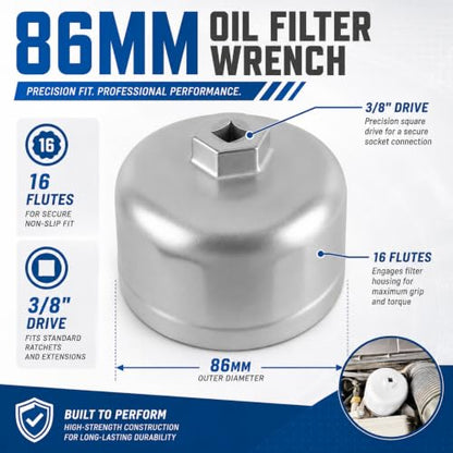86mm 16 Flute Oil Filter Wrench for BMW Volvo, 6061 Aluminum Oil Filter Cap Removal Tool, 3/8" Drive Compatible, Fits N54 N55 N20 N63 BMW X3 X5 328i 535i Volvo XC90 XC70 S60 Oil Change Kit